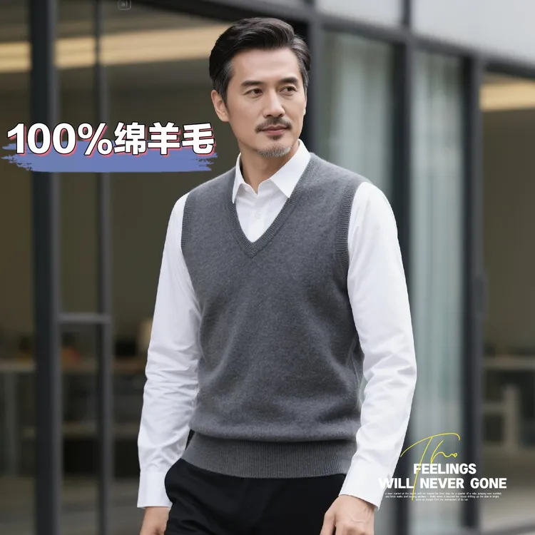 【100%绵羊毛】秋冬新款男士V领马甲羊毛衫加厚鸡心领纯羊毛背心