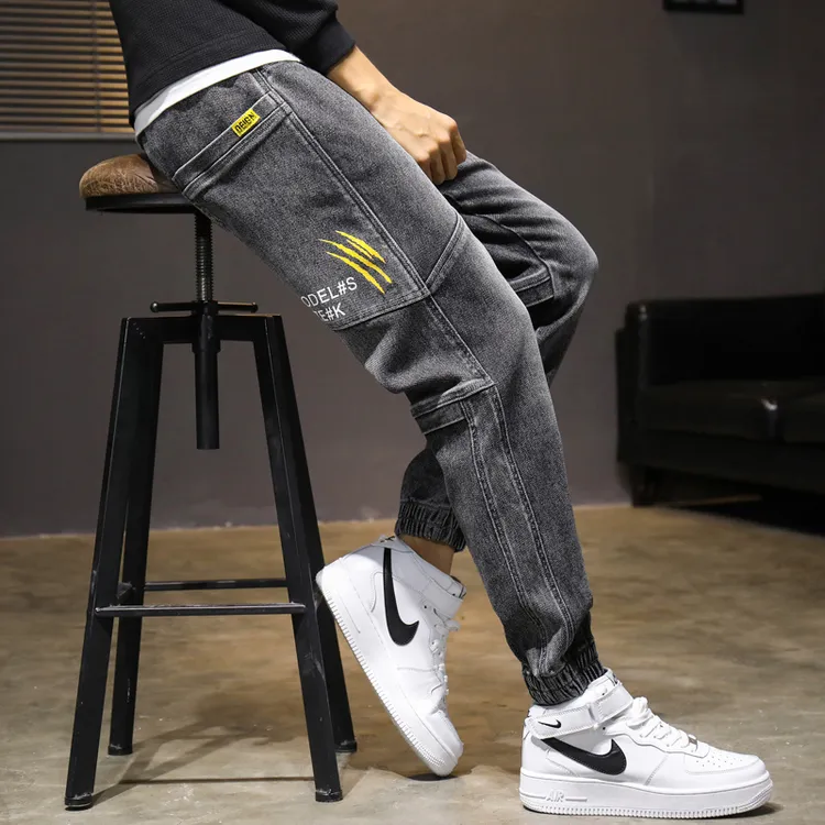 男士牛仔裤宽松九分束脚裤秋冬加绒哈伦工装裤弹力休闲潮流百搭