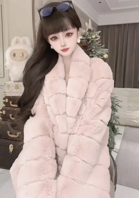 2025青紫蓝新款冬季中长款粉色翻领外套