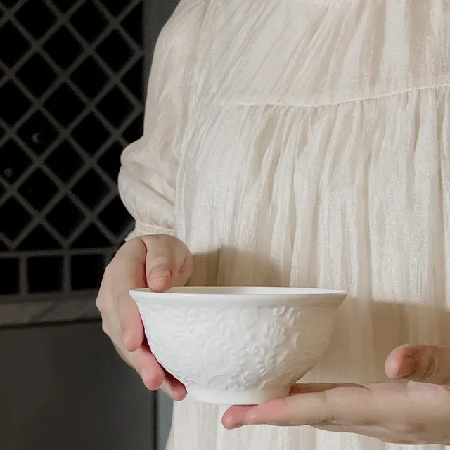 家用纯白骨瓷碗 浮雕米饭碗 欧式4.5英寸吃饭碗面碗粥碗餐具4个装