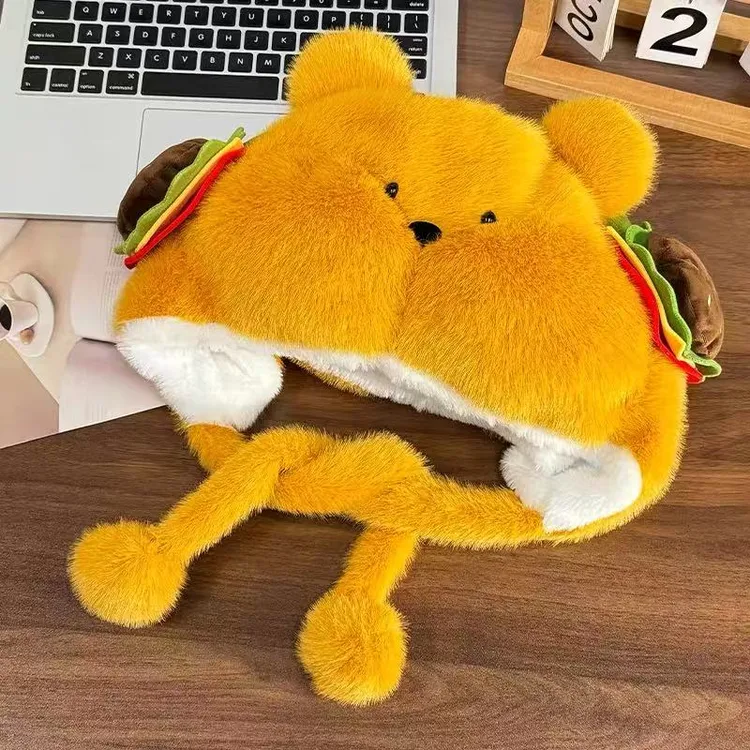 汉堡小熊毛绒帽子女冬季保暖护耳大头围雷锋帽可爱卡通毛绒绒帽子