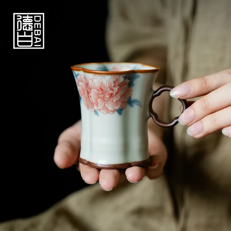 德白汝窑芙蓉花四瓣把杯主人杯陶瓷开片可养茶杯单杯家用功夫茶具