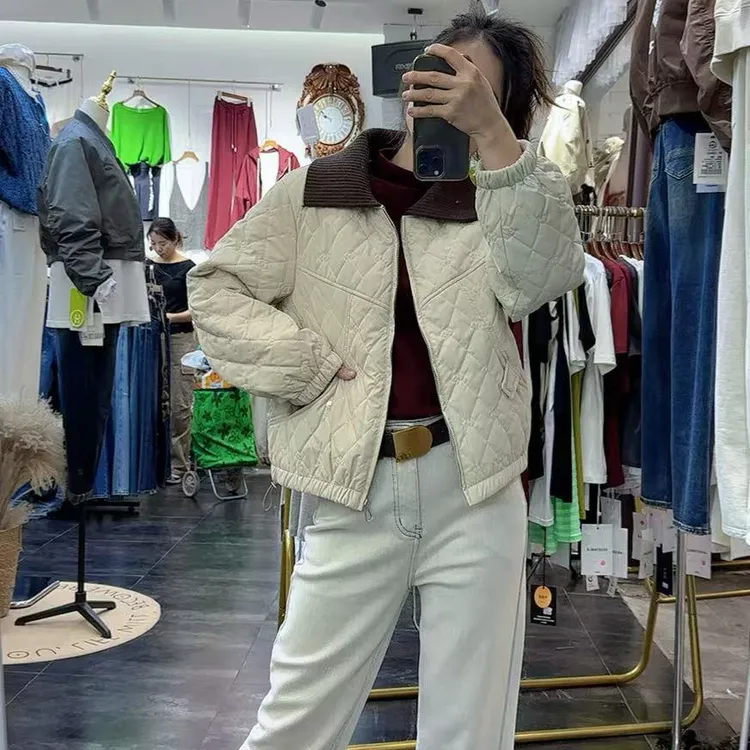 秋冬新款加厚薄棉Pu皮棉外套上衣女夹克针织翻领洋气精致减龄高档