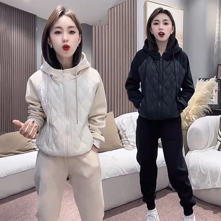 时尚休闲加棉加绒厚运动服套装女冬季新款连帽卫衣束脚卫裤两件套