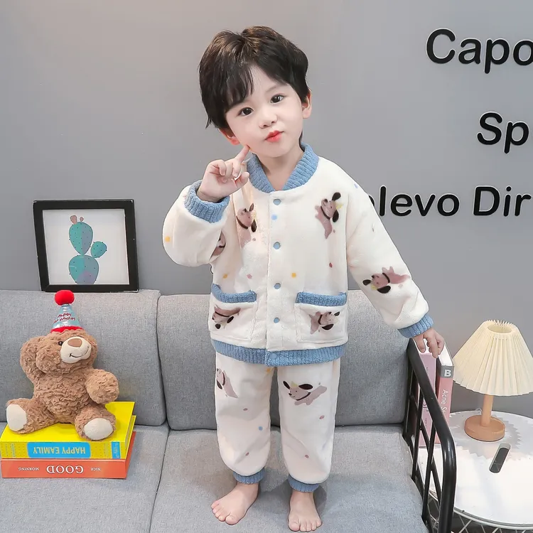 儿童睡衣秋冬款法兰绒2025新款男宝宝加绒加厚冬季儿童家居服套装