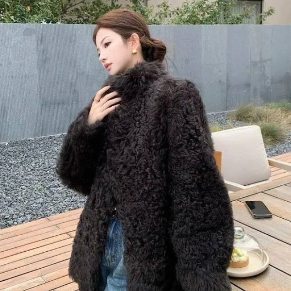 日光岛屿皮草女中长款2024新款皮毛一高级感羊羔毛外套加厚立领毛