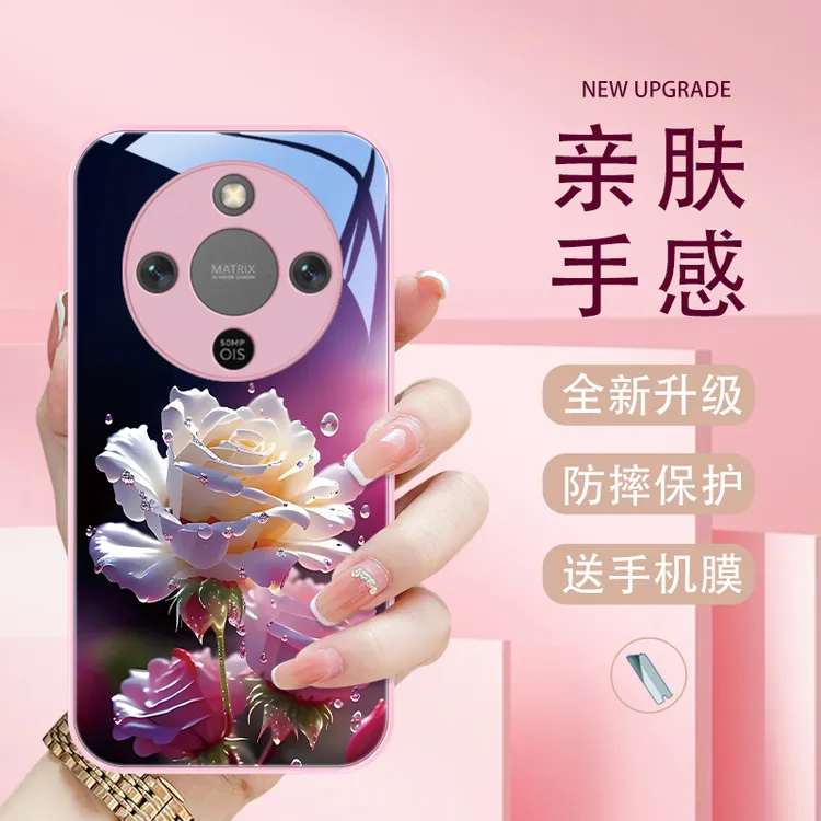 雨落玫瑰适用荣耀X70手机壳推荐女款质感玻璃壳金属漆高级感散热