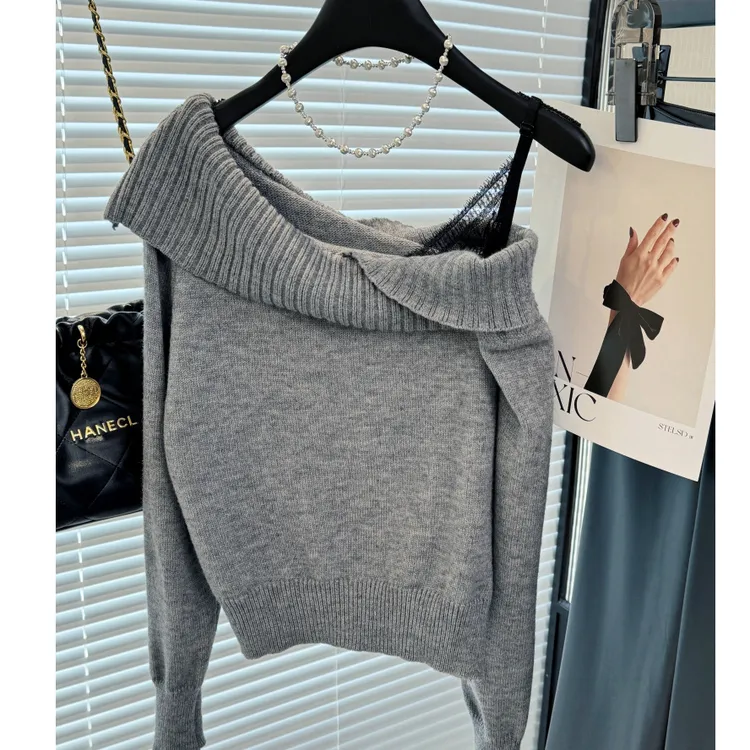 设计感一字领针织衫女秋冬性感蕾丝露肩洋气毛衣独特别致流行上衣