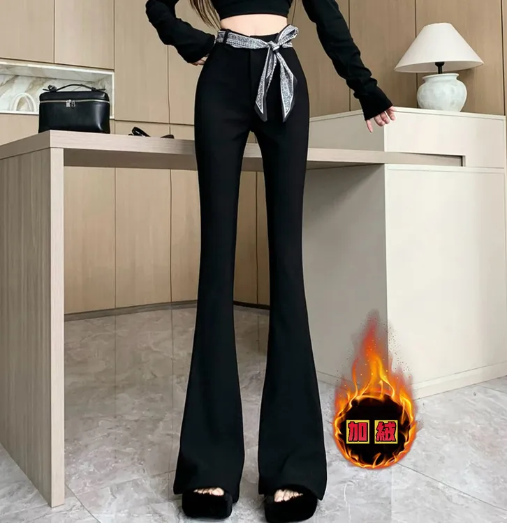 【送丝巾】加绒加厚黑色微喇裤女2025新款高腰显瘦垂感休闲长裤258#