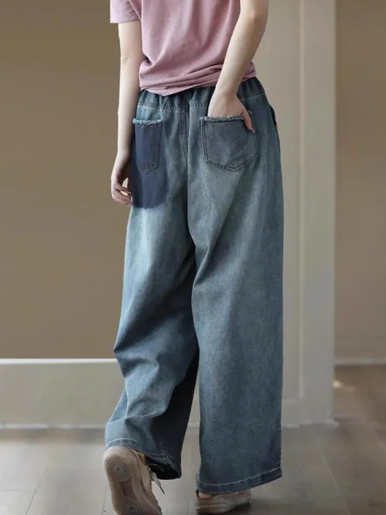 复古蓝阔腿牛仔裤女2025春季新款松紧腰文艺大码显示直筒宽松长裤
