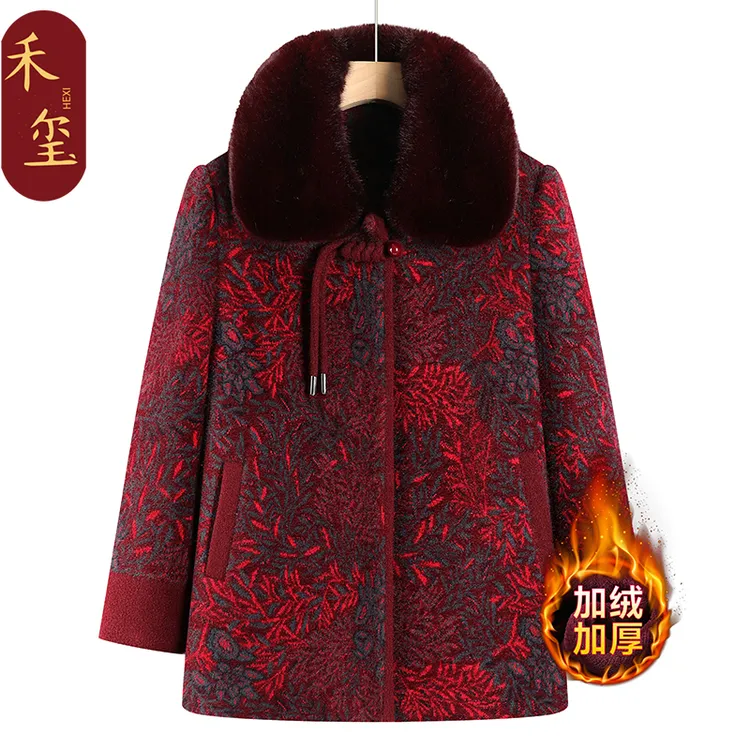 奶奶装冬季加绒毛呢外套女妈妈加厚上衣中老年老太太冬装保暖衣服