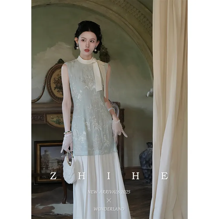 无艳一禾【青玉莞】静奢重工提花人棉醋酸蝴蝶结连衣裙