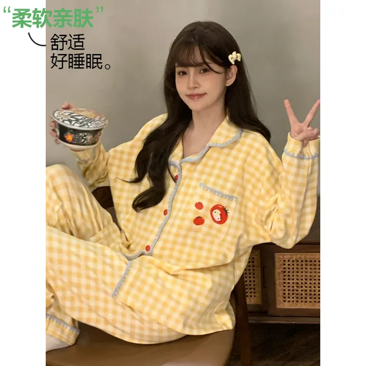 睡衣女春秋季长袖长裤套装ins格子奶酪番茄学生宿舍家居服新款