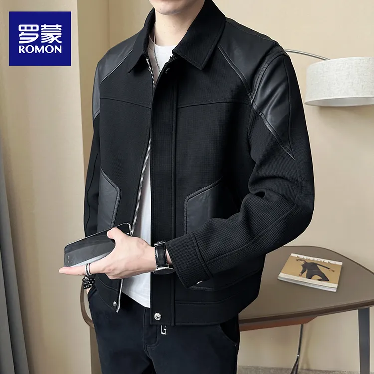 罗蒙黑色秋季2025新款翻领休闲夹克男士拼皮潮牌拼接帅气拉链外套