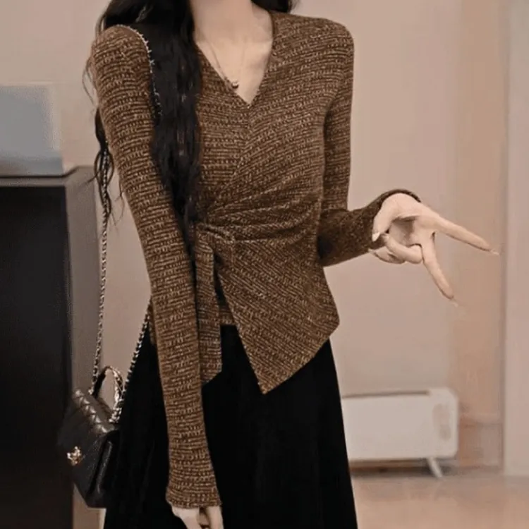 【长风和煦】千金风蝴蝶结绑带交叉V领T恤女秋季YY-80047