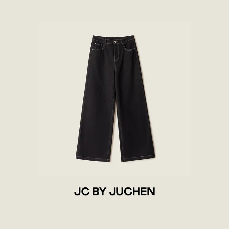 黑棉花系列明线丹宁重工洗水加绒直筒阔腿显瘦牛仔裤 FW205010-44