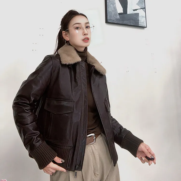 2025冬季新款爆版水貂领真皮绵羊皮皮衣鹅绒内胆保暖时尚显瘦皮衣