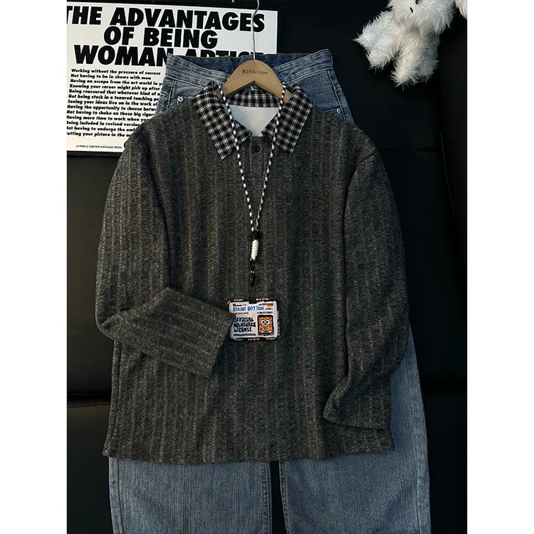 美式条纹拼接Polo衫男款秋冬加绒加厚翻领长袖T恤高级感情侣卫衣