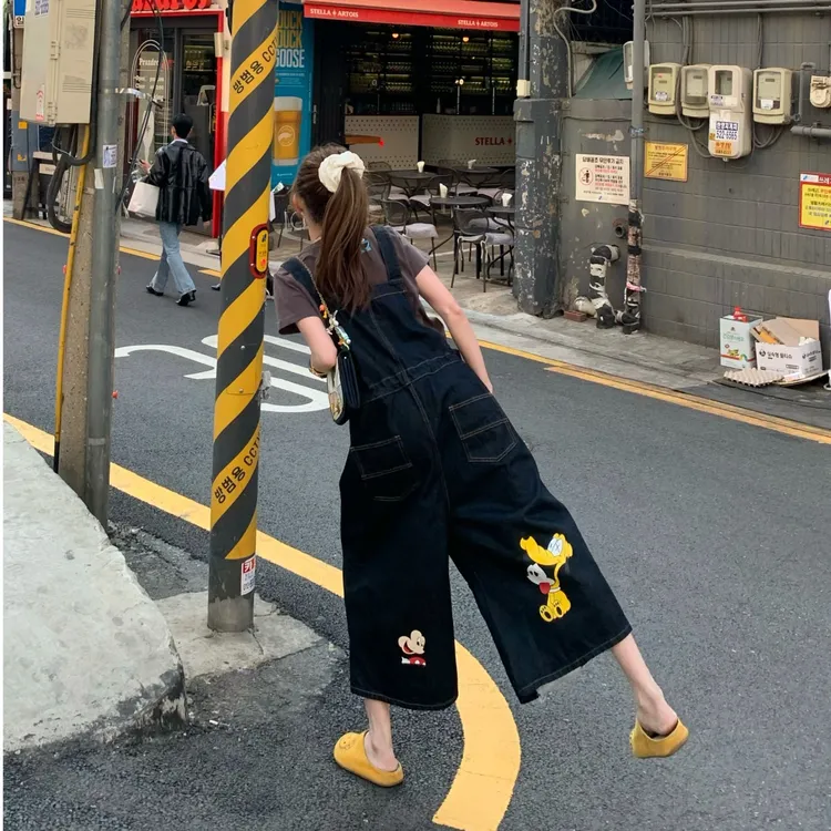 美式复古趣味印花老鼠刺绣休闲背带裤女夏季韩系减龄牛仔阔腿裤子