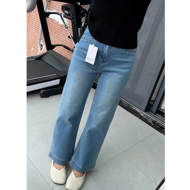 蓝色高腰弹力窄版直筒牛仔裤女早秋梨形身材大码胖mm宽松显瘦长裤