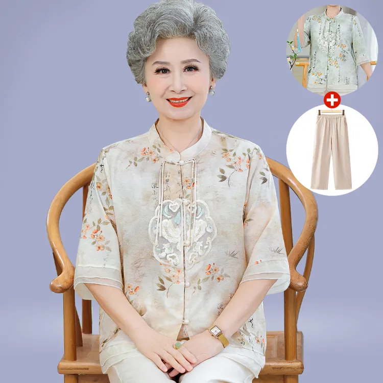中老年人夏装女套装奶奶新中式上衣妈妈衬衫老人衣服大码刺绣凉快