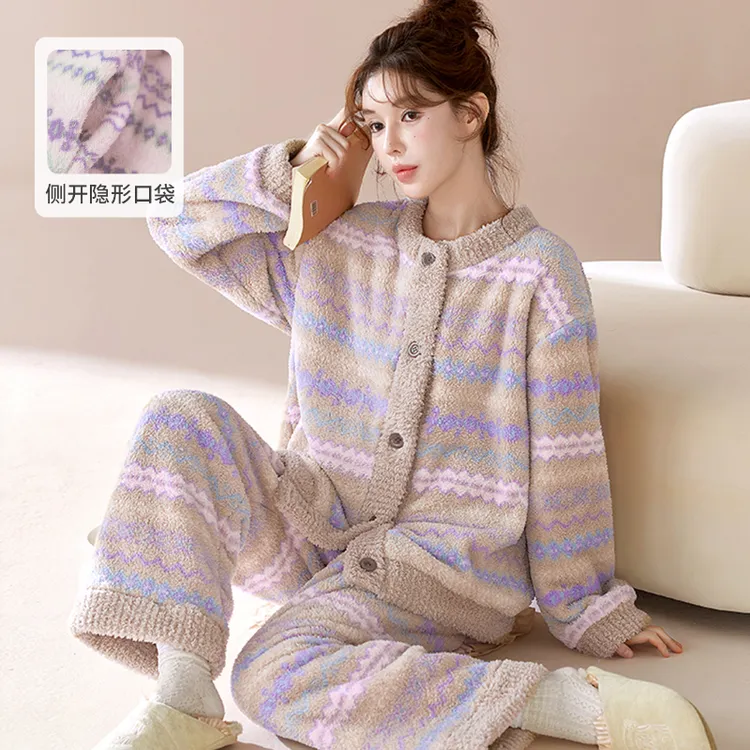 【莎粒绒系列】秋冬新款轻奢复古条纹云感睡衣可外穿女法兰绒家居服