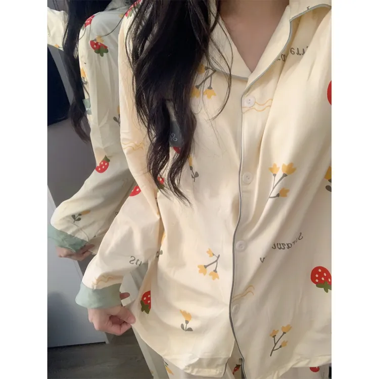 带胸垫睡衣春秋女款长袖2025年新款可外穿女士宽松卡通家居服套装