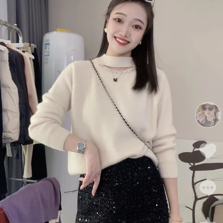 11#不起球秋冬套头镂空钉钻长袖纯色毛衣针织衫