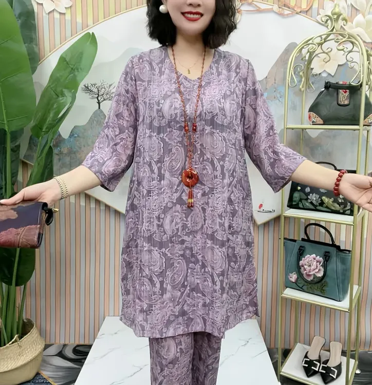 时尚贵夫人百搭妈妈装中长款套装T恤衫夏季新款百搭显瘦减龄套装