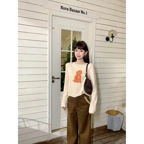 赵小小【韩女内搭】10163 卡通印花蝴蝶结小狗长袖德绒T恤长袖上衣