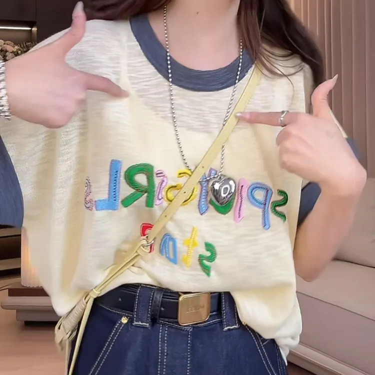 设计感刺绣撞色竹节麻针织短袖T恤女2025年夏季新款宽松时尚上衣