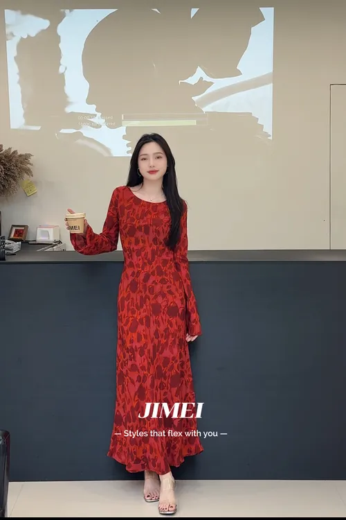 摩洛哥玫瑰印花长袖连衣裙气质修身慵懒风度假长裙