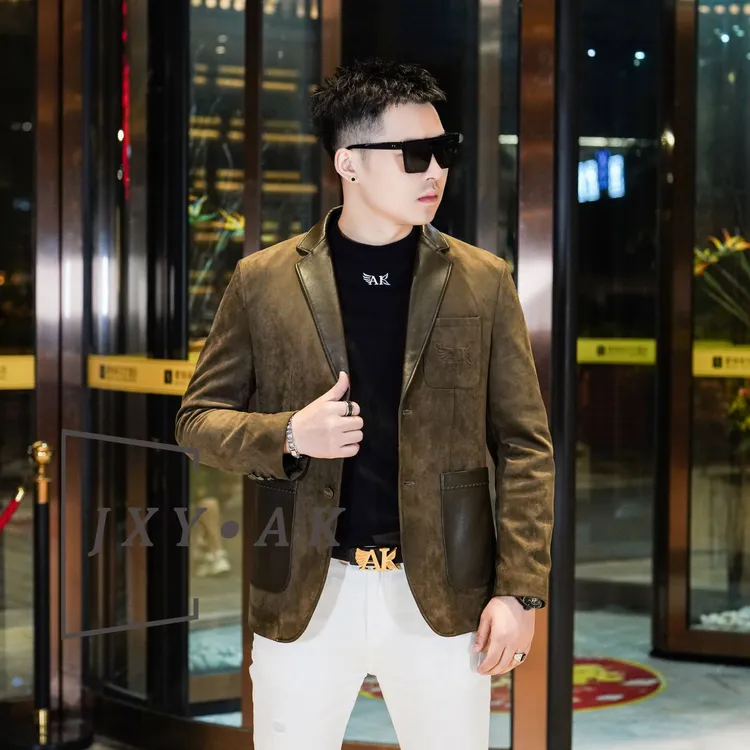 AK/2025秋季新款男士轻奢拼皮西服上装纯色百搭高级感长袖外套男