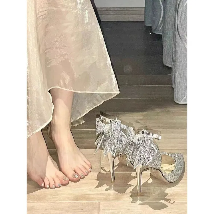 法式主婚纱秀禾两穿新娘婚鞋2025新款水晶亮片伴娘细跟高跟鞋通用