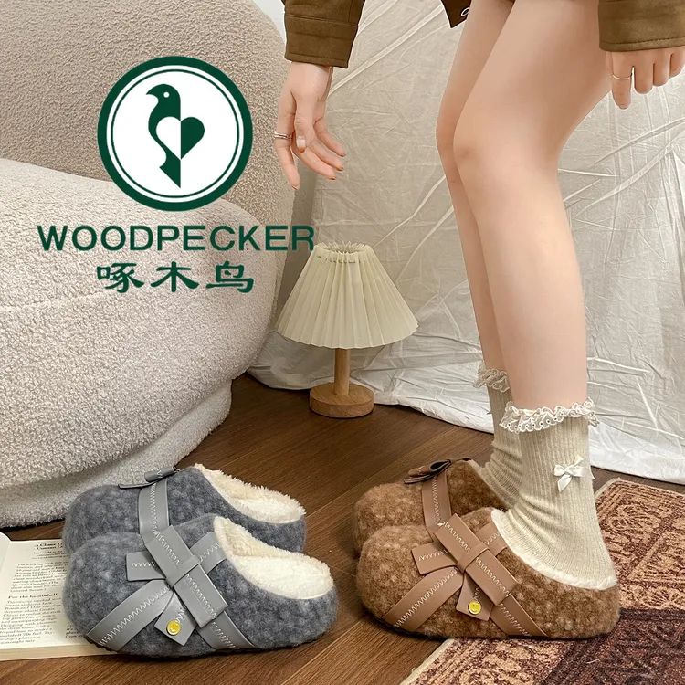 啄木鸟复古灰色法式厚底毛毛拖鞋女外穿2026年新款保暖勃肯棉拖鞋