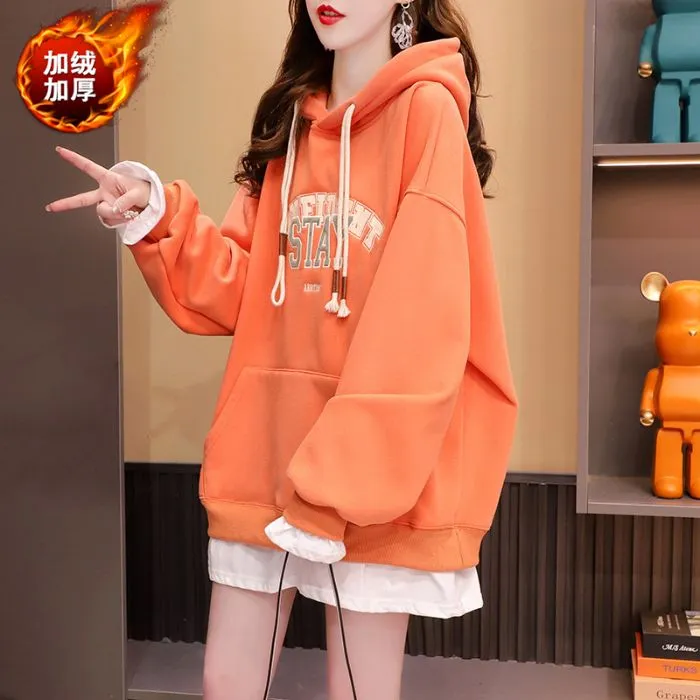 刺绣字母假两件加绒卫衣女秋冬季新款韩版宽松加厚百搭设计感上衣