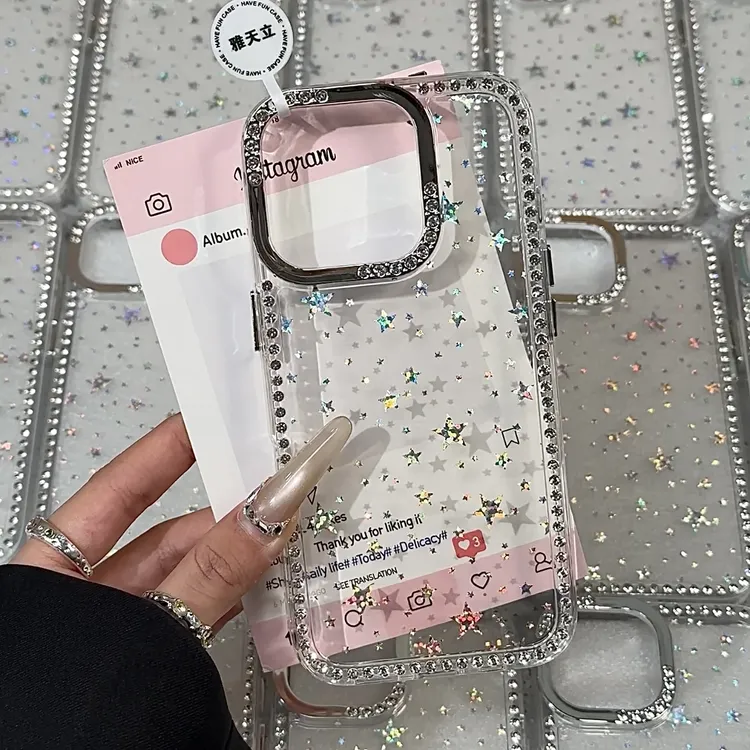 雅天立轻奢镭射星星闪钻适用苹果16/15promax手机壳iPhone13女14