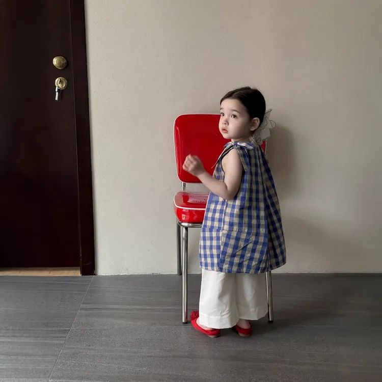 XQ251384蓝格子连衣裙+XK251385白色阔2025夏季新款女童韩系格子