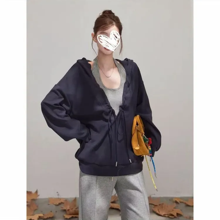 连帽V领长袖卫衣女秋韩系+条纹挂脖吊带