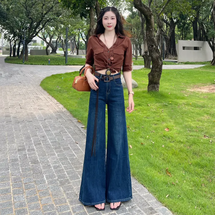 喜绚阔腿喇叭牛仔裤女春秋季2025新款宽松高级特色腰带直筒裤子女
