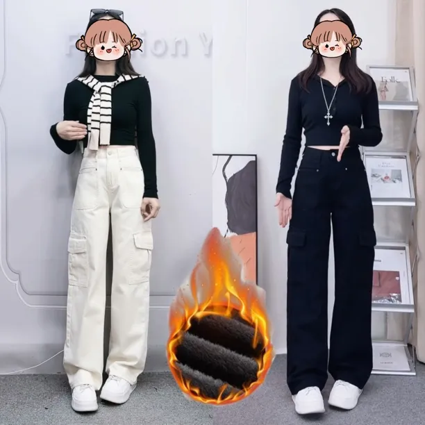 黑色美式工装裤女秋冬加绒加厚保暖牛仔裤小个子窄版小直筒阔腿裤