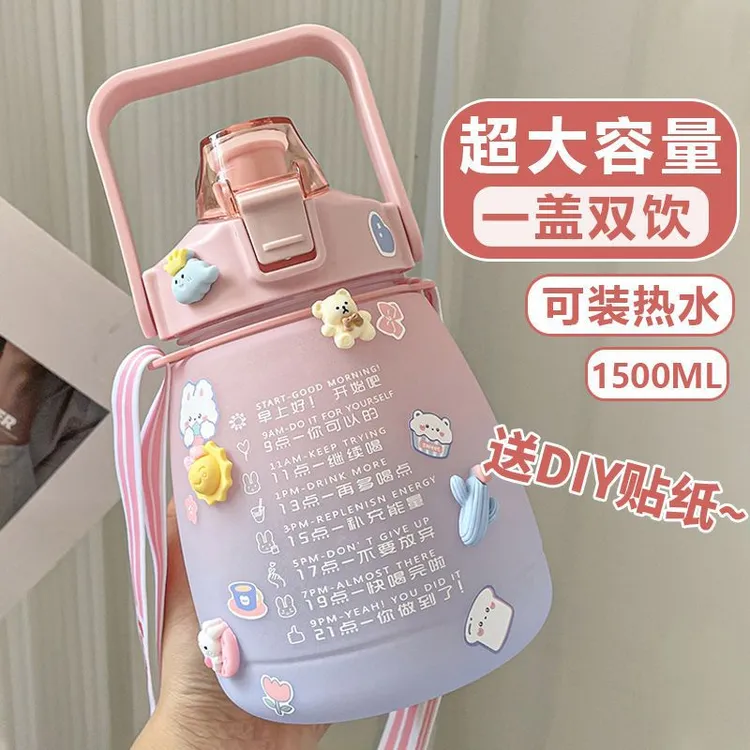 夏季高颜值大容量1500带吸管便携网红大肚杯女学生儿童杯子水壶