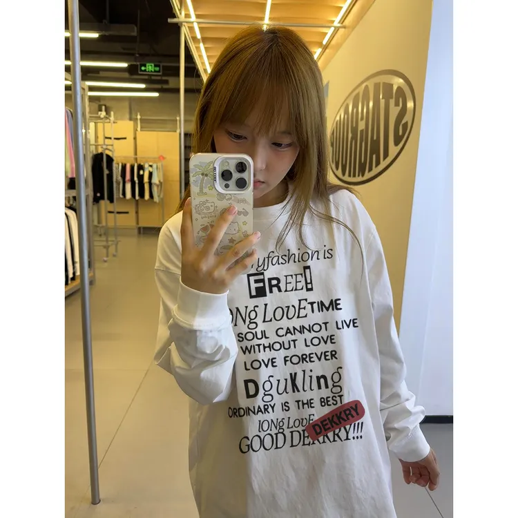 labzaa美式复古潮牌字母印花长袖T恤女秋冬打底内搭纯棉情侣上衣