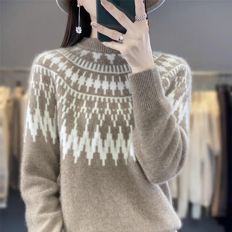 哥弟阿玛施正品秋冬新款宽松女装半高领拼色复古女士洋气百搭毛衣