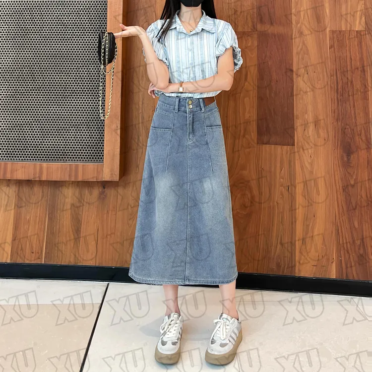 T星空纹高腰开叉牛仔半身裙女夏季新款遮胯包臀裙子7074 Q