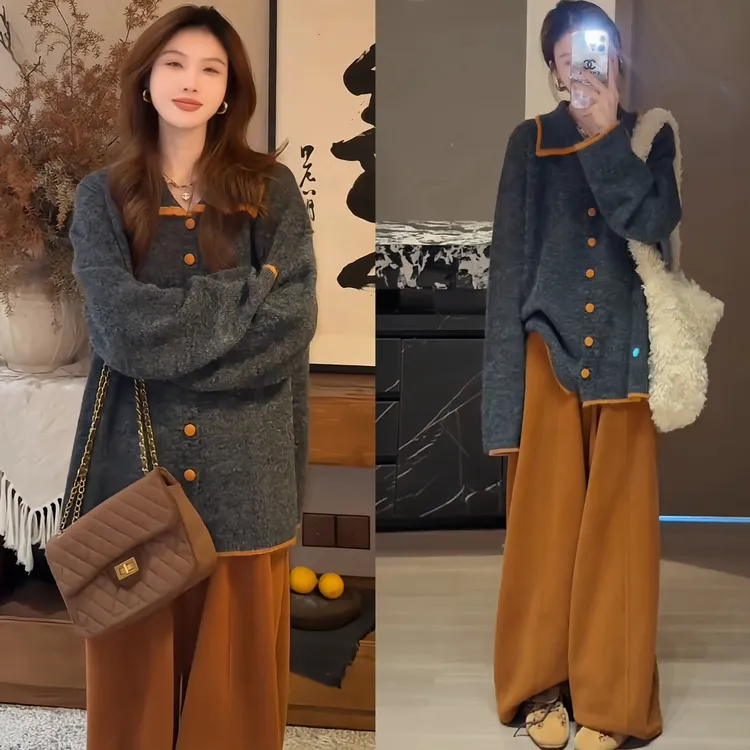 2025秋冬新款舒适感懒惰风翻领撞色设计感开衫毛衣复古阔腿裤套装