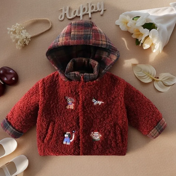 儿童宝宝红色羔羔毛外套新年冬款中小童加绒加厚格子拼接连帽棉衣