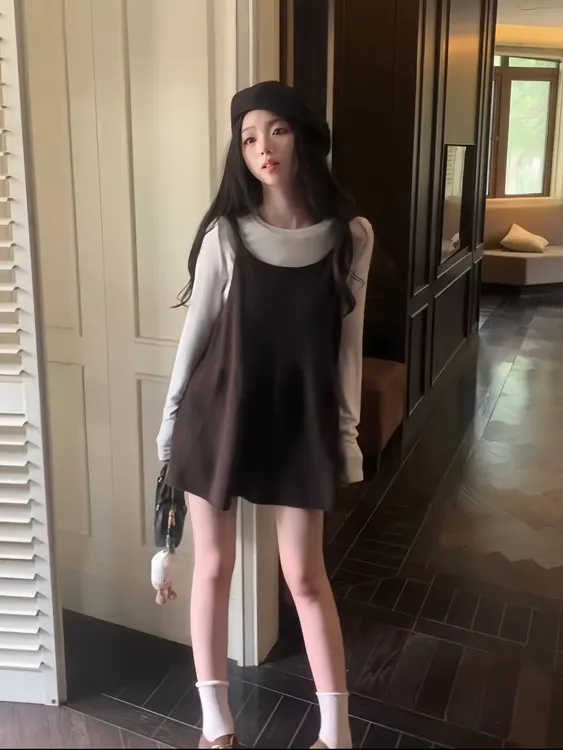 韩系叠穿风 针织吊带背心裙女夏季新款米白立领长袖打底衫两件套