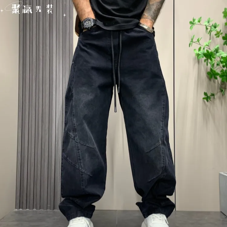 黑色牛仔裤男宽松直筒2025秋季新款弯刀裤美式高街潮流工装休闲裤