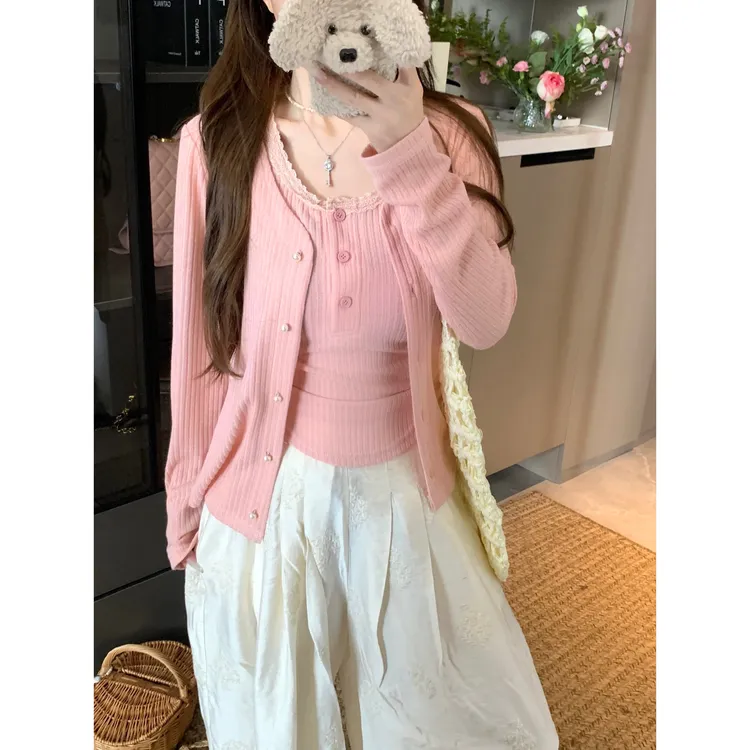 大码花边吊带开衫两件套2025春夏新款胖妹妹甜美气质简约风套装